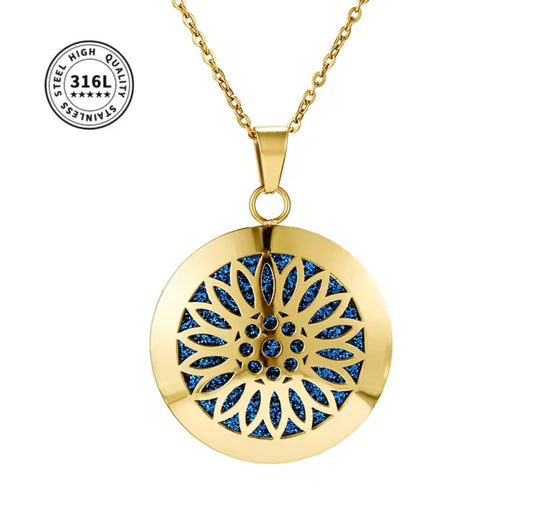 Flower Gold Coloured Stainless Steel Pendant Essential Oil Necklace