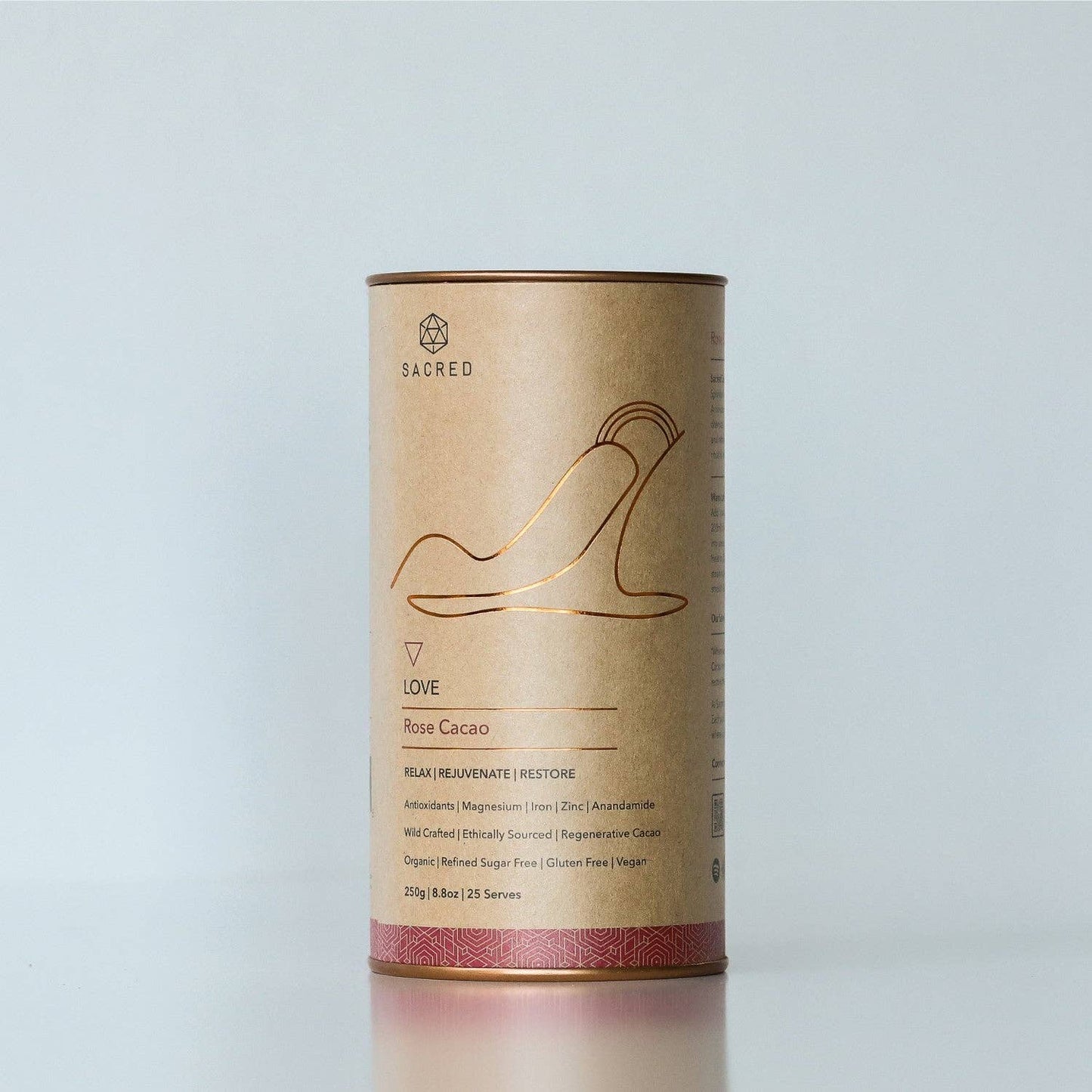 Kraft paper cylindrical container with gold and red text on a light gray background