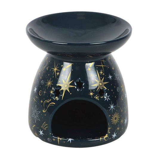 Black ceramic oil burner with star and moon designs on a white background