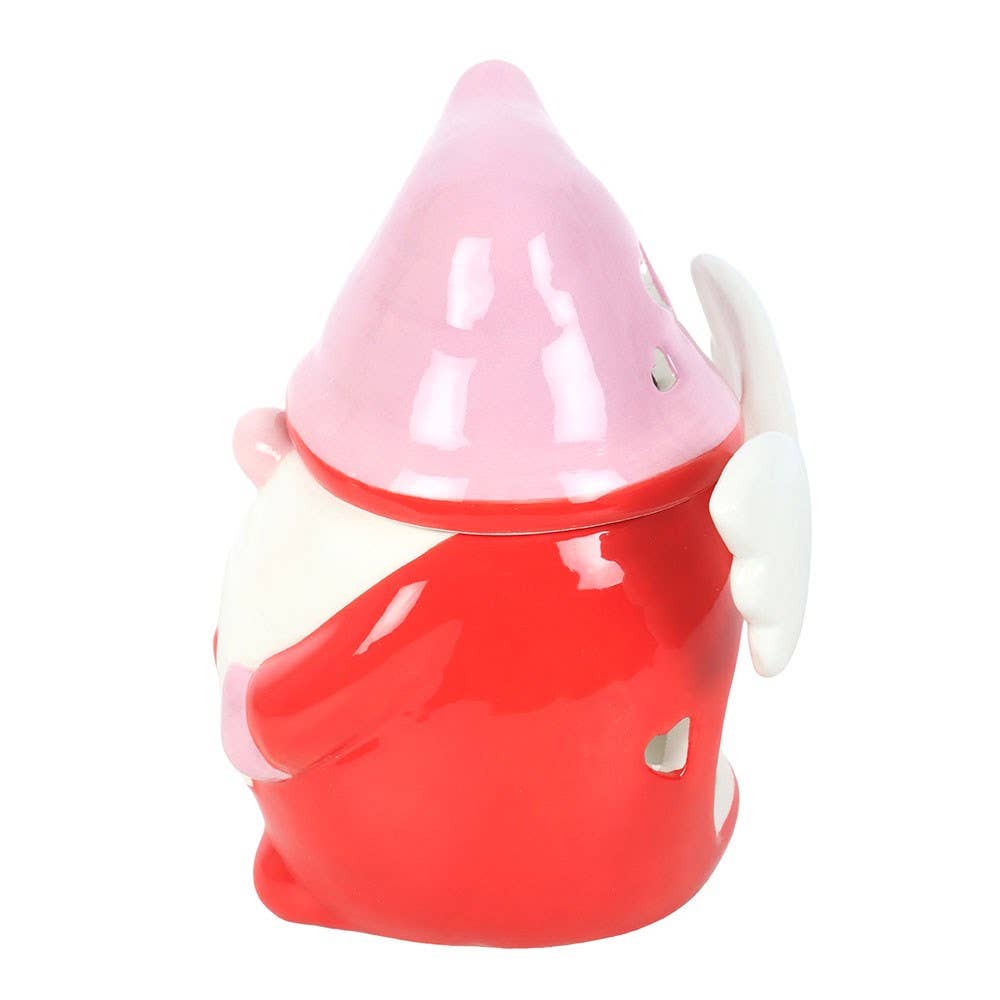 Red gnome-shaped container with a pink lid on a white background