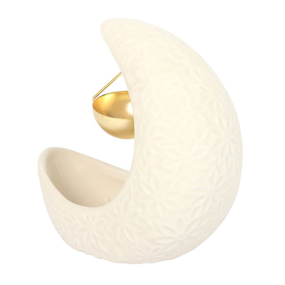 Decorative hanging planter with a gold interior on a white background
