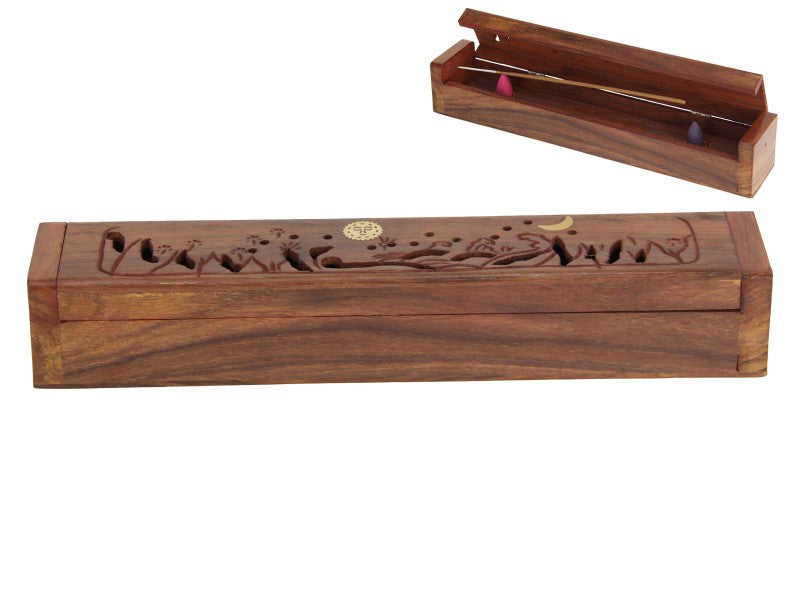 Wooden Sun and Moon Mango Wood Incense Box