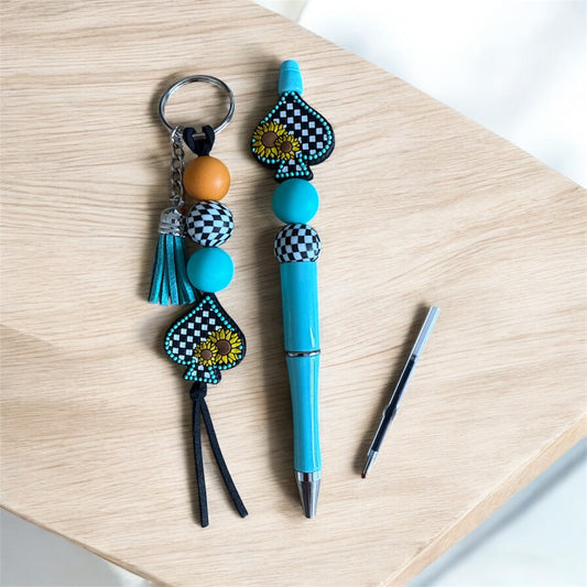 Sunflower Chequered Spade Pen & Keyring Gift Set