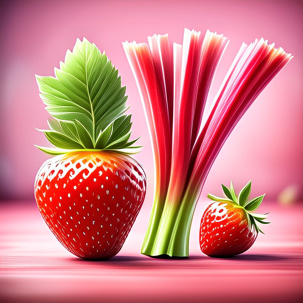 Strawberries and rhubarb on a pink background