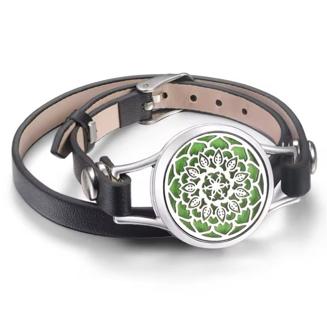 Leather and Stainless Steel Adjustable Aromatherapy Bracelet