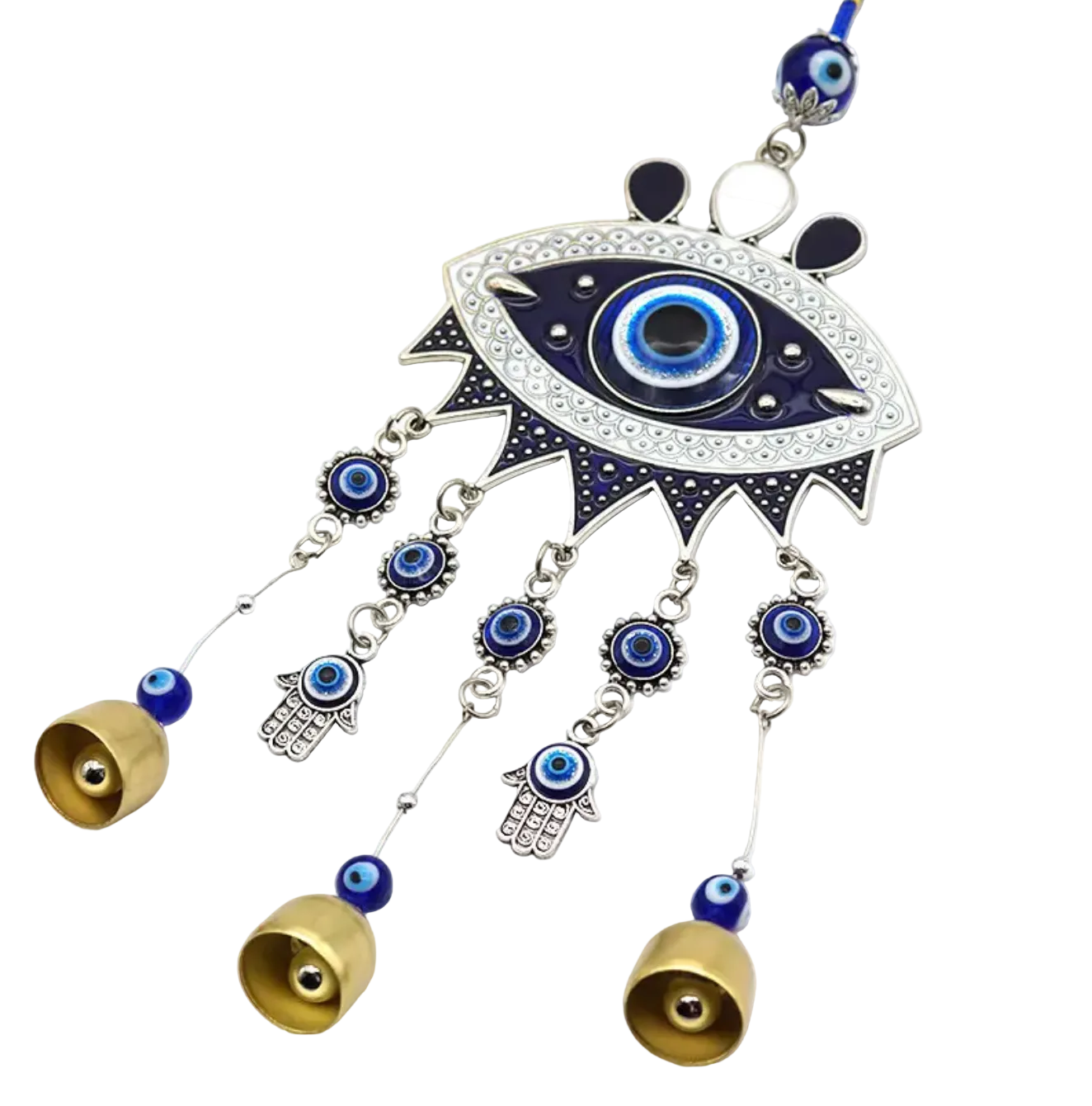 Decorative evil eye with bell charm on a white background