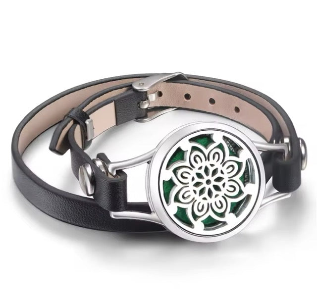 Leather and Stainless Steel Adjustable Aromatherapy Bracelet